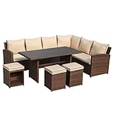 Verano Garden 7 Pieces Patio Furniture Set, Outdoor Patio Dining Sofa Set W/Cushion, Table & Ottoman, Clearance All Weather Outdoor Patio Furniture Set for Deck, Porch, Poolside, Backyard