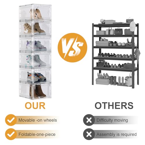YAOBAI Shoe Box,Set of 6,Stackable Plastic Clear Shoe Box Organizer with Magnetic Door,Shoe Storage Box Thicken Sturdy,Easy Assembly,Fit up to US Size(Front opening door, Clear) — view 2
