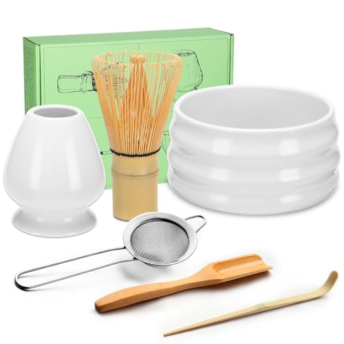 Geebuzz Juego de batidor de matcha – Cuenco de matcha y batidor de matcha de bambú, cuchara, tamiz, soporte para batidor, 6 piezas, kit de inicio perfecto para ceremonia de té matcha (blanco)