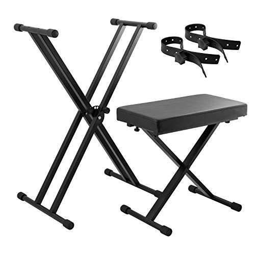 Tiger Soporte de teclado Tiger KAP-PK2 con correas de sujeción y paquete de taburete, soporte de teclado con marco en X de doble refuerzo ajustable en altura y paquete de taburete de piano