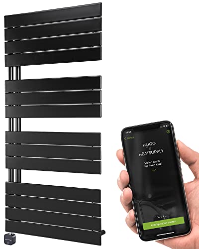 HEATSUPPLY® Handtuchheizkörper elektrisch schwarz matt 600x1222mm Badheizkörper elektrisch mit Thermostat inkl. 600 Watt Heizstab No. 6 mit App Cover