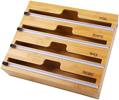 MOOMARTO 4 in 1 Foil and Plastic Wrap Organizer, Bamboo Dispenser with Cutter Labels, Aluminum Foil, Wax Paper, Parchment Paper Organization Storage Holder for Kitchen Drawer Compatible with 12" Roll