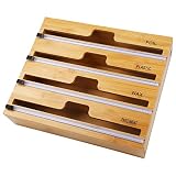 MOOMARTO 4 in 1 Foil and Plastic Wrap Organizer, Bamboo Dispenser with Cutter Labels, Aluminum Foil,