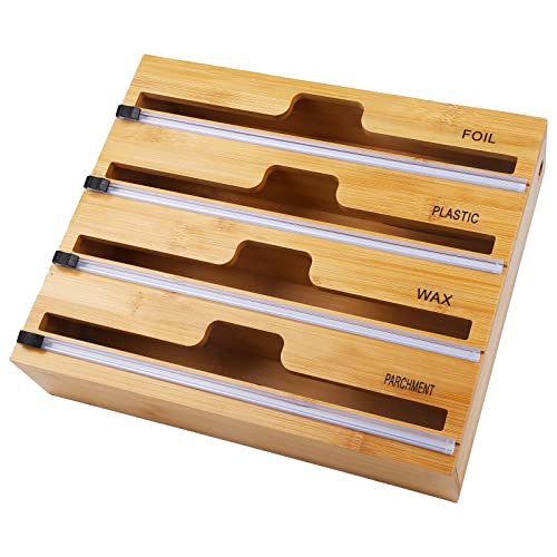 Moomarto 4 In 1 Foil And Plastic Wrap Organizer, Bamboo Dispenser With Cutter Labels, Aluminum Foil, Wax Paper, Parchment Paper Organization Storage Holder For Kitchen Drawer Compatible With 12" Roll #TOP2
