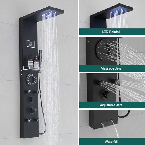 Hoimpro Black LED Shower Panel Tower System, 8-Function Shower Panel Light Rainfall Waterfall Shower Rain Massage System with Body Jets 4 IN 1 Handheld Shower Sprayer, Stainless Steel, Wall Mount - Thumbnail 3