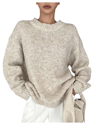 Image of RoseSeek Women's Oversized Crewneck Sweaters Drop Shoulder Long Sleeve Knit Tops Fall Pullovers Apricot Large