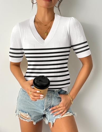 Image of Zeagoo Womens Short Sleeve Sweaters Soft Casual V Neck Pullover Tops Lightweight Knit Sweater Blouse