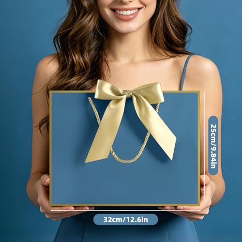 Image of JMANNI Gift Bags with Handles, 13 inch Medium Gift Bag for Presents, 2 Pcs Bags with 4 Tissue Paper and 2 Cards for Baby Shower Wedding Bridal Shower Mother's Day Birthday Party(blue-gold)