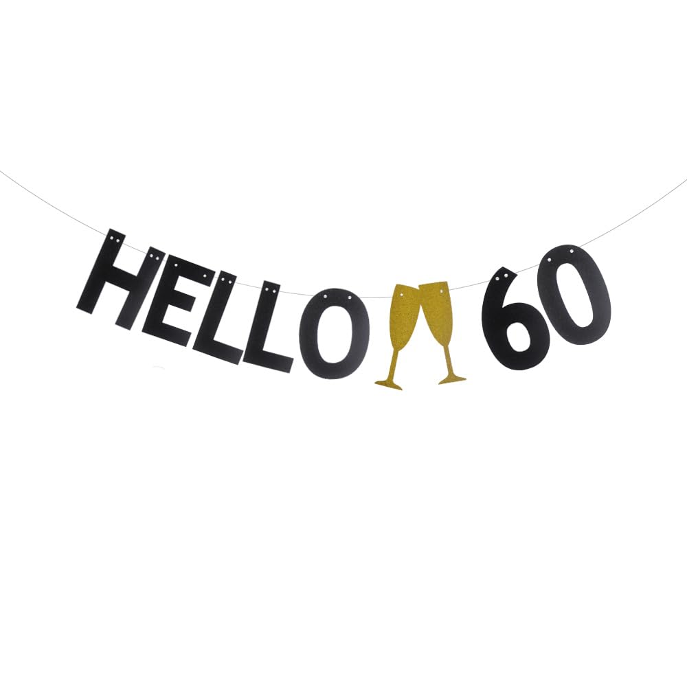 DONGLYJL Black Glitter HELLO 60 Banner for 60 Years Old 60th Birthday Party Decorations Supplies Pre-Strung HELLO 60