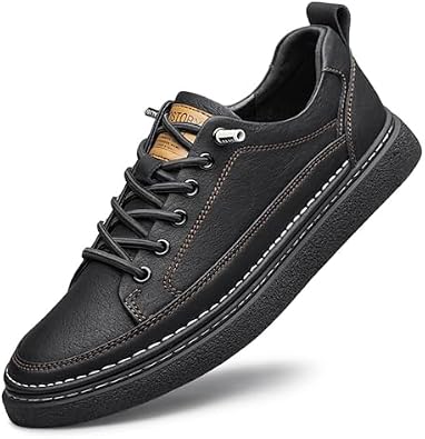 Mens Genuine Leather Fashion Sneakers Simple Handmade Low Top Round-Toe Elastic Lace Up Slip On Casual Shoes Comfortable Classic Tennis Shoes