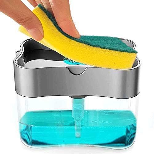 Dish Soap Press Dispenser and Sponge Holder for Kitchen Sink, Sponge Included, 13 oz, Kitchen Gadgets (Grey)