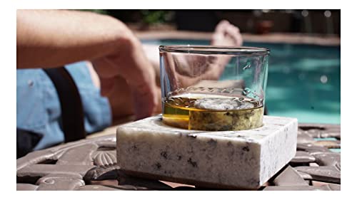Cool Coaster 6 Piece Set- Includes: Two 4" Square Granite Aluminum-Lined Chilling Coasters, Two 8 Oz Glass Tumblers & Two(2) "On The Rocks" Solid Granite Whisky Stones By Sea Stones #TOP5