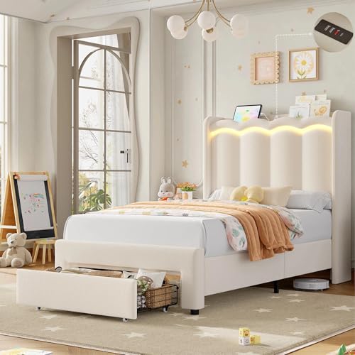HIFIT Upholstered Twin LED Bed Frame with Charging Station and