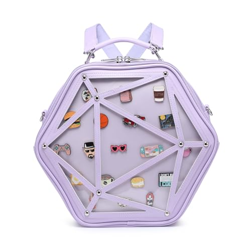 Image of Hexagonal PU Ita Backpack, Clear Pin Window Crossbody Purse for Anime Fans | Convertible Straps, Ample Room For Comic Meets & Daily Trips