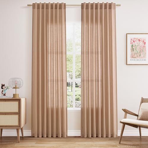Image of Nanspring Peach Linen Curtains 84 inches Long for Living Room Back Tab Luxury Light Filtering Privacy Sheer Curtain Modern Farmhouse Decor Boho Cotton Textured Gauze Drapes for Bedroom 2 Panels