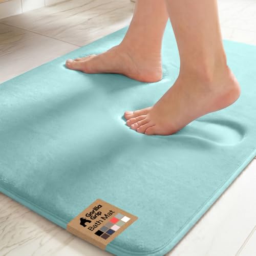 Image of GORILLA GRIP Memory Foam Bath Mat, Soft Absorbent Velvet Bathroom Mats, Durable Dots on Underside, Machine Washable Bathmat, Carpet Rug Room Decor for Shower Tub Floor RV, 30x20 Rugs, Seablue
