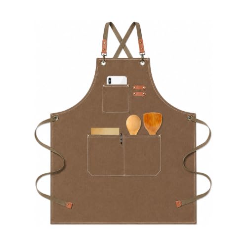 HIUOUIH Tablier Cuisine Homme, Tablier Barbecue Homme Réglable avec 3 Poches, Tabliers Professionnels Femme pour Restaurant, Serveur, Grillades, Marron