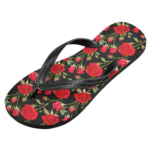 Maple Leaf Sketch Orange Rose Branch Flower Black Flip Flops for Beach Thong Sandals Anti-slip Lightweight Shower Shoes for Indoor Outdoor House2