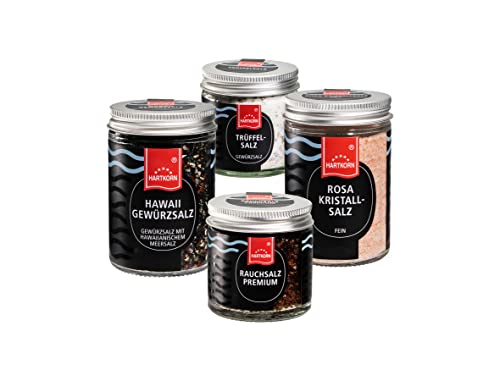 Hartkorn - Feinkost Salze Gewürzset (4-teilig) Gourmetgewürze im Glas (Rauchsalz Premium, Trüffelsalz, Gewürzsalz mit hawaiianischem Meersalz, Rosa Kristallsalz fein)