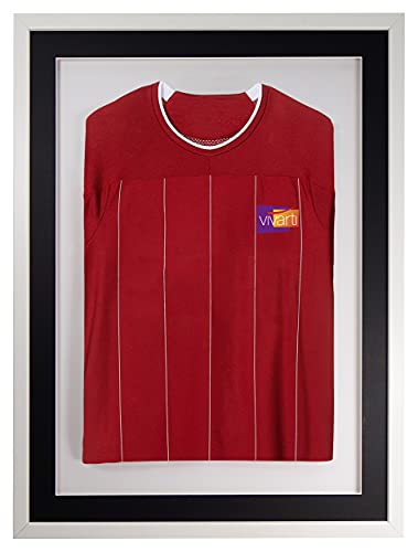 Vivarti DIY Erwachsene 3D montierter Sport-Shirt-Display-Rahmen für Fußballtrikot, Rugby-Shirt, Band, T-Shirt, Schattenbox – 60 x 80 cm – weißer Rahmen, schwarzes Passepartout, weiße Rückkarte