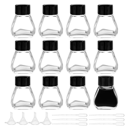 BENECREAT 12Pcs Heavy Duty Glass Ink Jars, 30ml/1.01oz Clear Empty Ink Bottles, Glass Bottles with Black Plastic Caps, With 6Pcs Plastic Droppers, 4Pcs Funnels 1.57x1.69x2.24inch