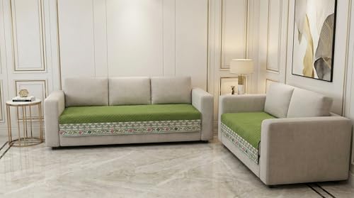 Image of Velvet Quilted Sofa Cover Mat Seat & Back, 3+2 Set, Total L115in H32in (3+2), Green Color,Anti Skid Backing, 6in Hanging Strap Design, Washable Soft, Anti S, Style -Green-S32