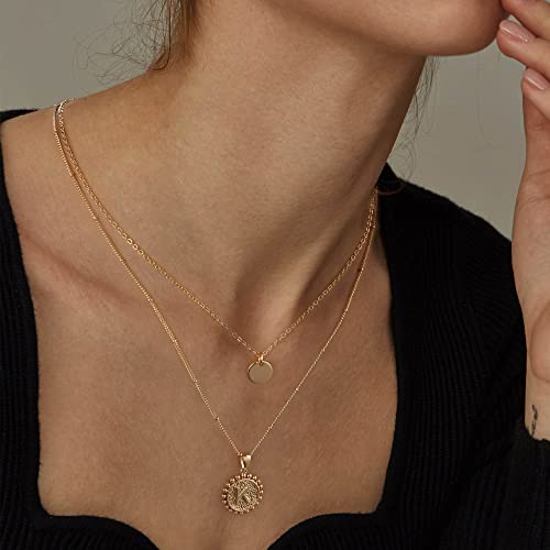 Layered Necklaces For Women Trendy, 14K Gold Plated Layering Disc Choker Necklace Handmade Letter A Pendant Coin Initial Necklaces For Women Layered Gold Necklaces For Women Gold Jewelry For Women #TOP2