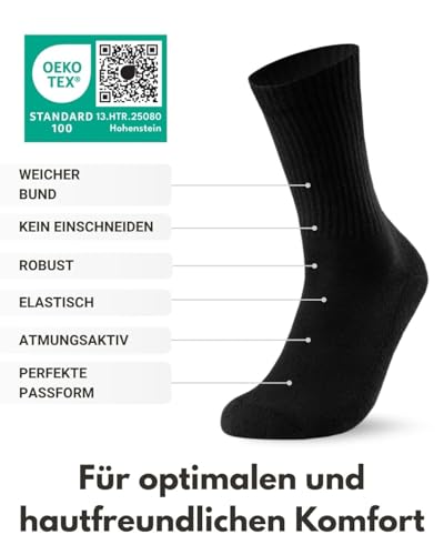 sockenkauf24 10 Paar Sportsocken Herren Schwarz 39-42 Damen Tennissocken Atmungsaktive Baumwolle Crew Socken
