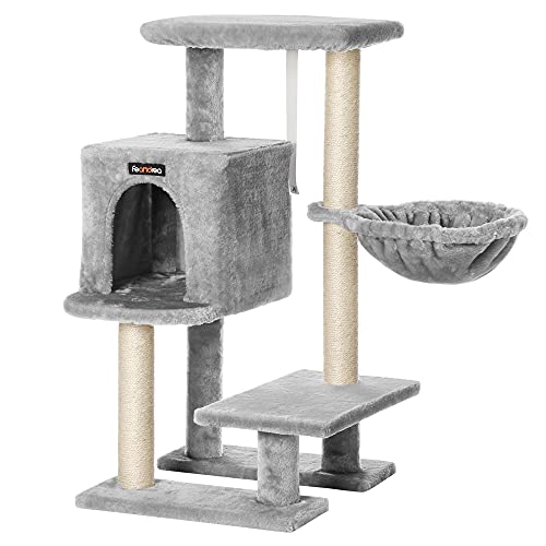 Feandrea Cat Tree, Small Cat Tower, 33.1-Inch Cat Condo with Basket, Cat Cave, Removable Washable Cover for Top Perch, for Small Spaces, Light Gray UP