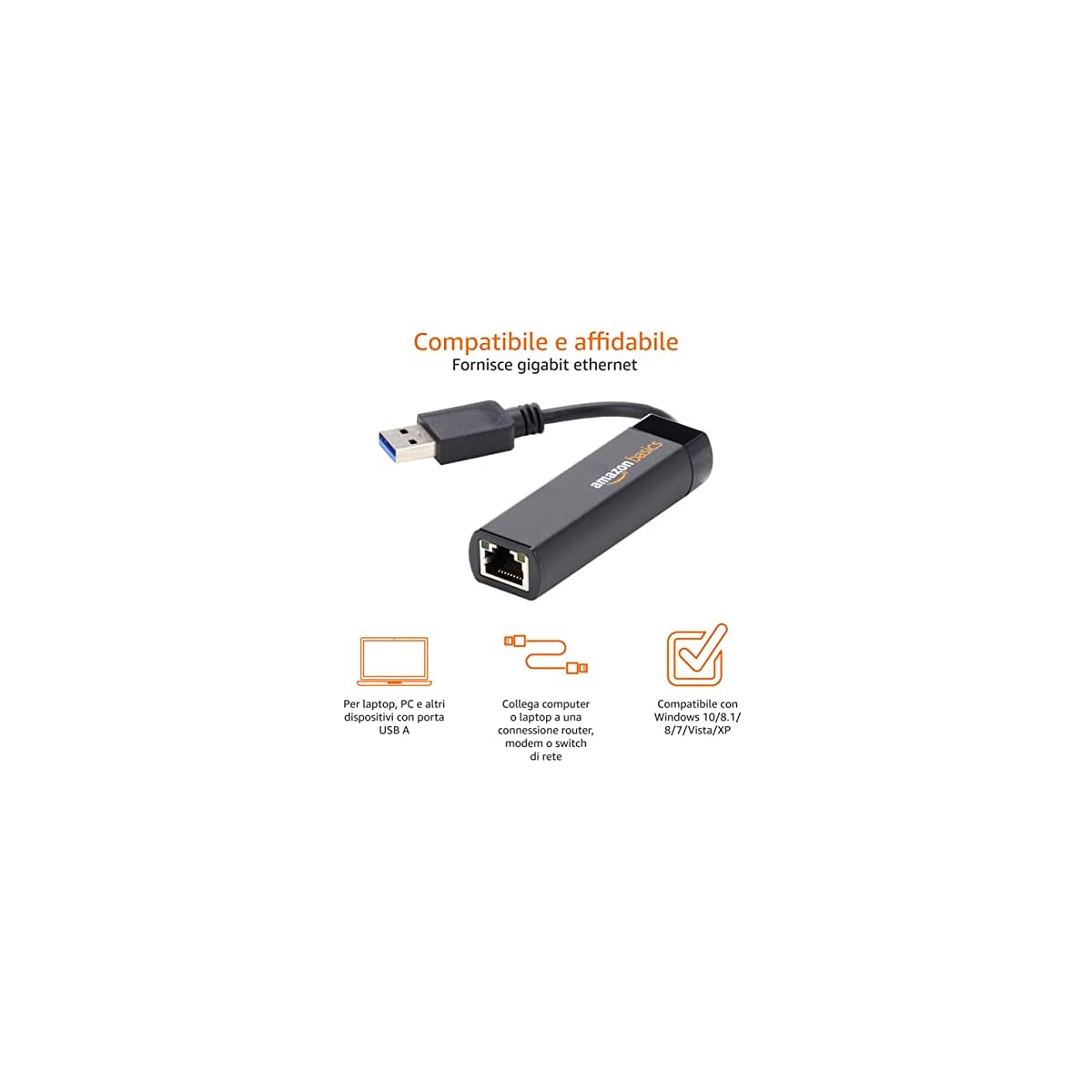 Amazon Basics Adattatore internet Ethernet, USB 3.0 a 10/100/1000 Gigabit, Nero - immagine 4