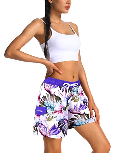 Unitop Women's Swimming Shorts Long Hawaii Loose Swimwear Trunks With Mesh Lining Floral Purple M #TOP28