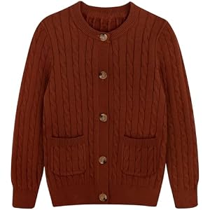 Girls Cardigan Long Sleeve Button Down Sweater Toddler Kids Knit School Uniforms Sweaters with Pockets 3-14 Years 9-10 Years Brown