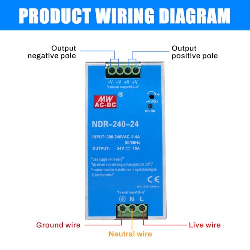 240W Hutschienen Netzteil 24V DIN-Schienen-Schaltnetzteil Eingang AC 100-220V 2,4A Ausgang DC 24V 10A Mehrere Schutzfunktionen Industrielles Modell NDR-240W-24V.