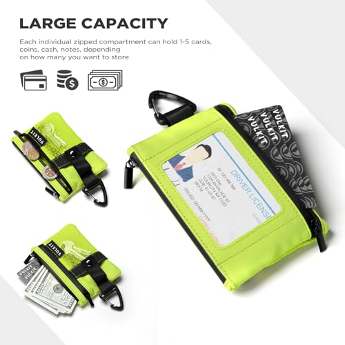 Image of VULKIT Small Minimalist Wallet for Women and Men RFID Blocking, Zipper Coin Pouch with ID Window and Keychain, Water Resistant Travel Lanyard Wallet Lime Green