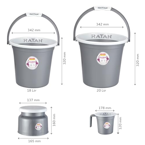 Image of RATAN PLASTICWARE Plastic Bathroom Set of 5 Pieces Combo Pack Gloria Plain, NIR Silver, 18 Liters & 20 Liters Bucket + Nova Stool Patla 107 + Two Gloria Plain Bath Mug 1 Liter