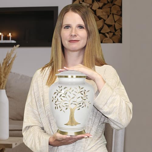 Image of Trupoint Memorials Cremation Urns for Human Ashes, Tree of Life Decorative Burial Urn for Adult Men and Women, Large White