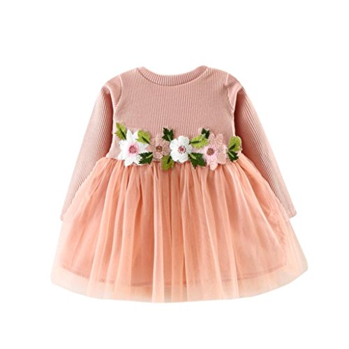 SMARTLADY Bebé Niña Floral Tutú Princesa Vestidos de Manga Larga Otoño Invierno Ropa (12-18 Meses, Rosa)