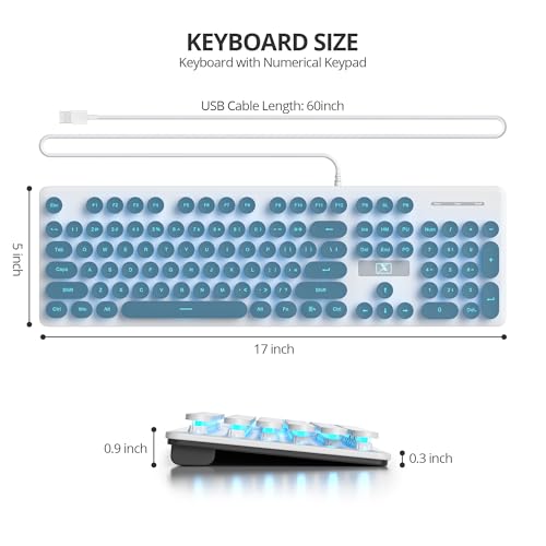 iRoboosta Retro Typewriter Blue Keyboard Full Size, 104 Keys LED Backlit Wired Membrane Keyboard with Number Pad, Ultra Slim Quiet Home/Office Computer Keyboard for PC, Laptop, Desktop (Blue) by iRoboosta - Image 5
