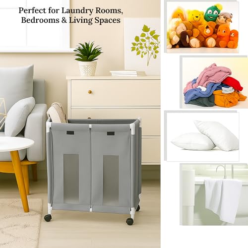 Image of 2-Section Laundry Basket with Wheels | 130L Rolling Laundry Hamper with Lid Cover | Foldable Oxford Fabric Laundry Bin for Clothes Sorting | Durable, Portable & Dustproof Organizer (Grey)