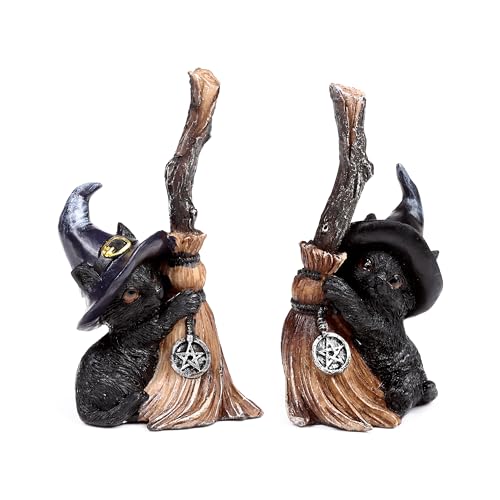 Puckator Figur aus Kunstharz, Schwarze Katze mit Hexenhut und Zauberbesen, handbemalt, extravagante und besondere Heimdekoration