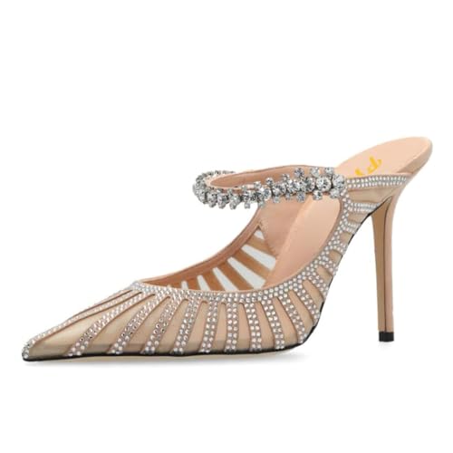 FYS Women's Pointed Toe Slip on Mules Rhinestone Studded Stiletto High Heel Sandals Shining Sexy Party Evening Shoes Size 4-16 US