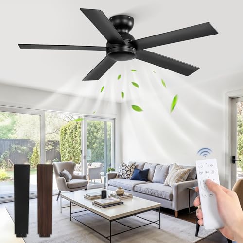 48 Inch Flush Mount Ceiling Fan no Light, Black Ceiling Fan with Remote, 6-Speeds, Quiet Reversible DC Motor, Indoor/Outdoor Ceiling Fans without Lights for Patio, Living Room, Bedroom by Fanbulous - Used condition - CA$57.32