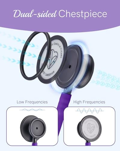 Image of FriCARE Dual Head Stethoscope - Stethoscopes for Nurses, Medical Nursing Students, Paramedics /EMT /LVN /VNA Backup Estetoscopio, Dark Purple Tube, Matte Black Finish Chestpiece