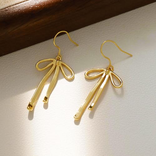 Gold Bow Earrings for Women Trendy, Cute Bow Stud Earring 14k Gold Plated Dainty Ribbon Pearl Bow Drop Dangle Earrings Hypoallergenic Gold Earrings Sparkly Christmas Earrings for Women Jewelry Gift4