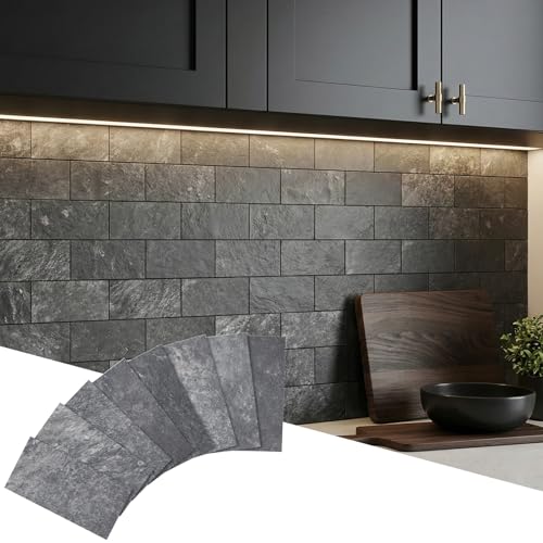 Yipscazo 2025 New Upgrade Peel and Stick backsplash 3 x 6 Inches 3D PVC Composite Wall Tile Stick on Backsplash Tile for Kitchen Bathroom, Laundry Room, Fireplace(Stone Black, 100 Pieces)