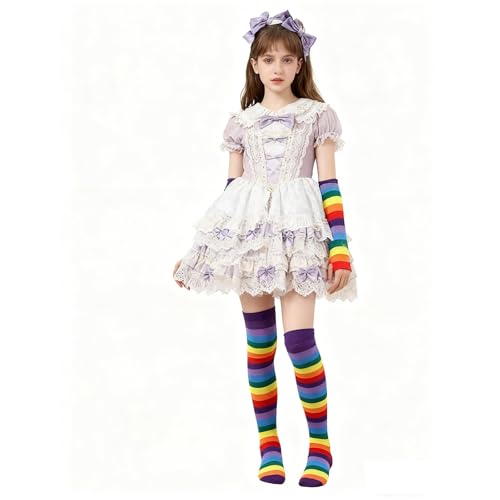 Image of YELAIVP Over Knee Rainbow Thigh High Socks Gloves Set Cosplay Accessories Arm Leg Warmers for Girls