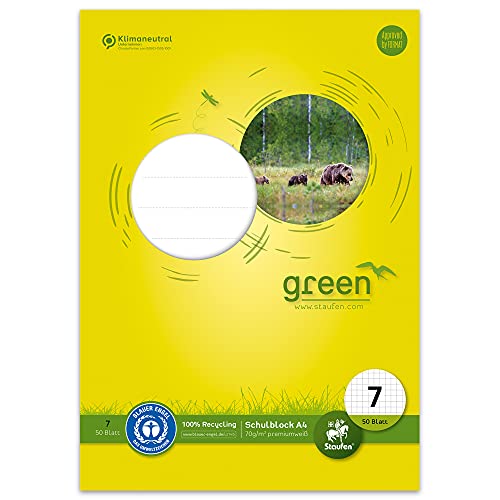 Staufen Green Schulblock - DIN A4, Lineatur 7 (7mm kariert), 50 Blatt, 4-fach Lochung, premiumweißes 70g/m² Recyclingpapier, 1 Stück