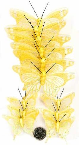 Package of 12 Delicate and Detailed Nylon Yellow Butterflies with Glitter and Sequin Embellishments