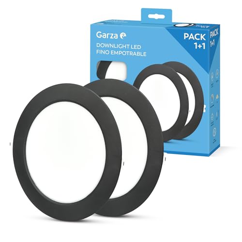 Garza - Pack 1+1 Downlight LED Empotrable Circular Extraplano Ojo de Buey, 22cm, 18W, 6500K Luz Fría, 1950lm, 30.000h, IP20, Negro, Ahorro Energético 80%