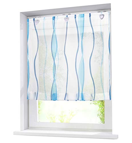 BAILEY JO Estor plisado de voile con impresión de ondas, diseño de persianas enrollables, cortinas transparentes (100 x 140 cm), color azul con gancho en U Cover